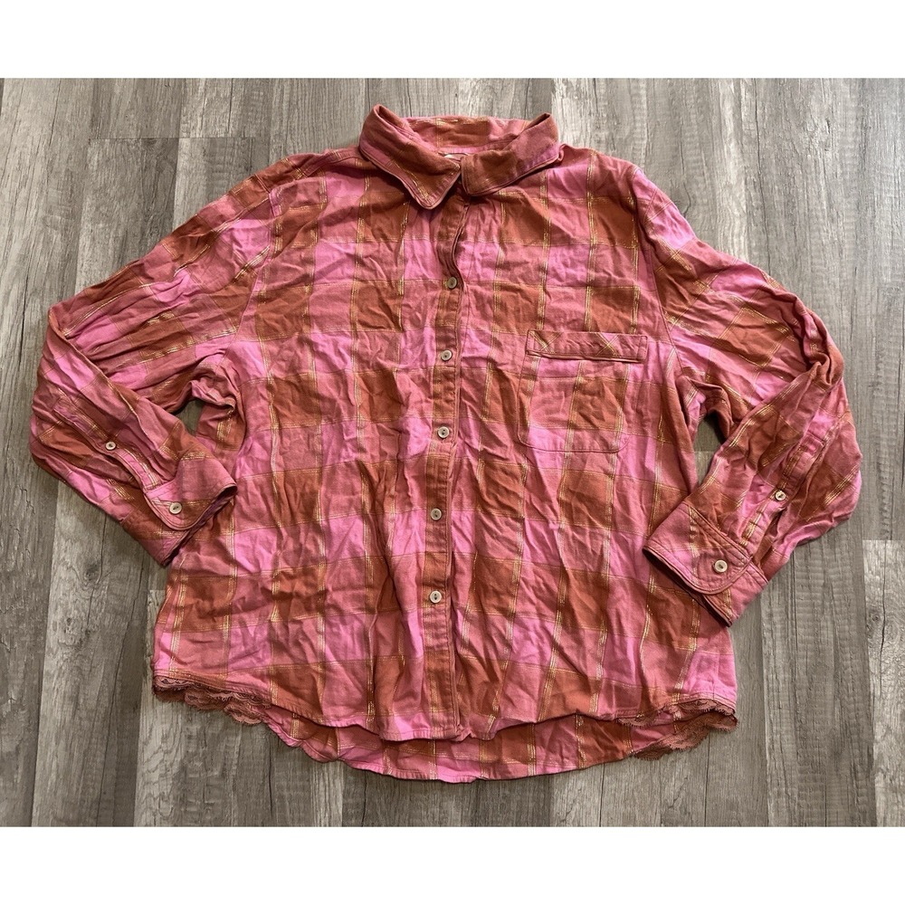 Victoria's Secret Pink Gold Plaid XL Flannel Long Sleeve Sleep Top VS Pocket